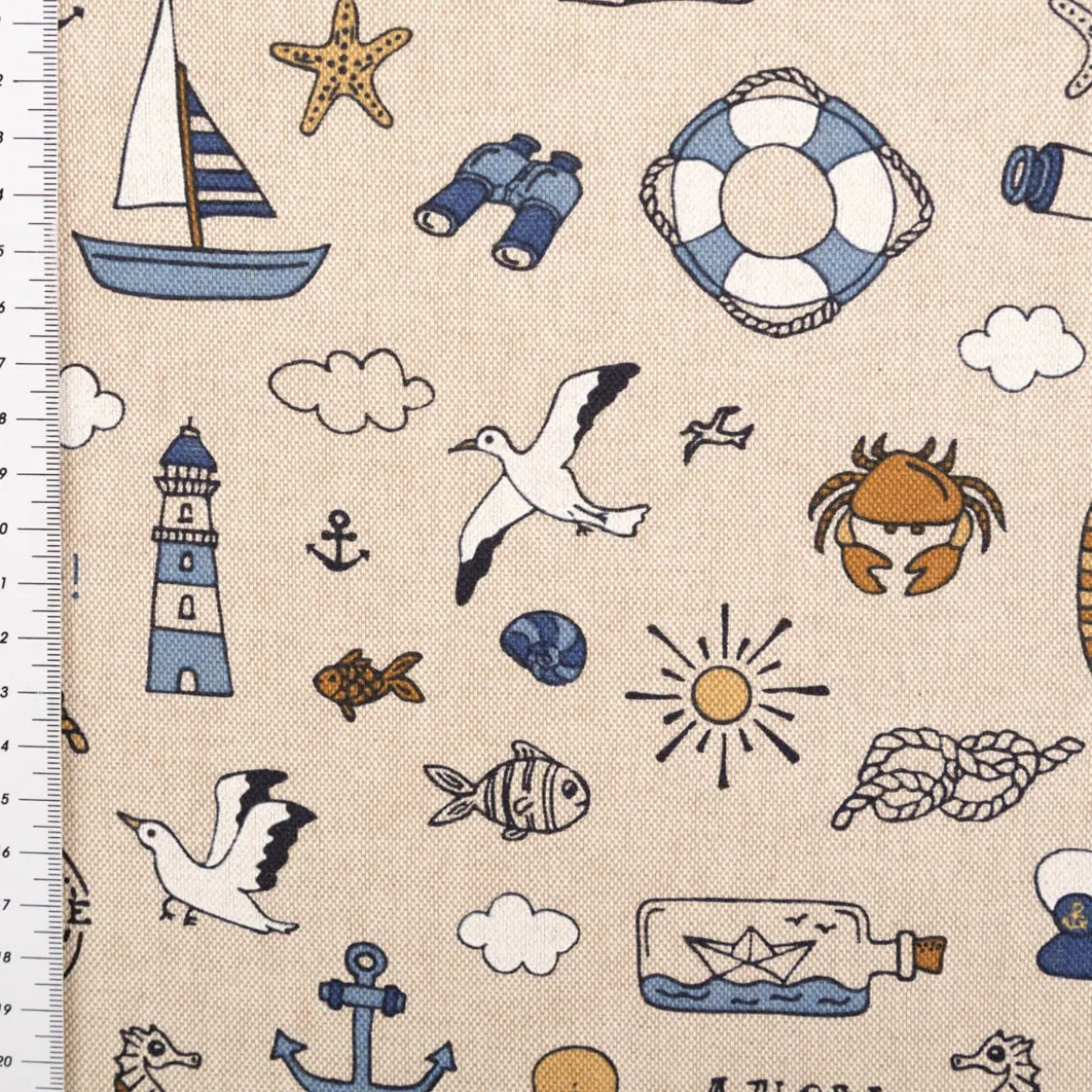 Dekostoff Leinenlook Nautical Doodle natur blau 1,4m Breite