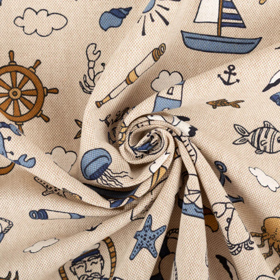 Dekostoff Leinenlook Nautical Doodle natur blau 1,4m Breite