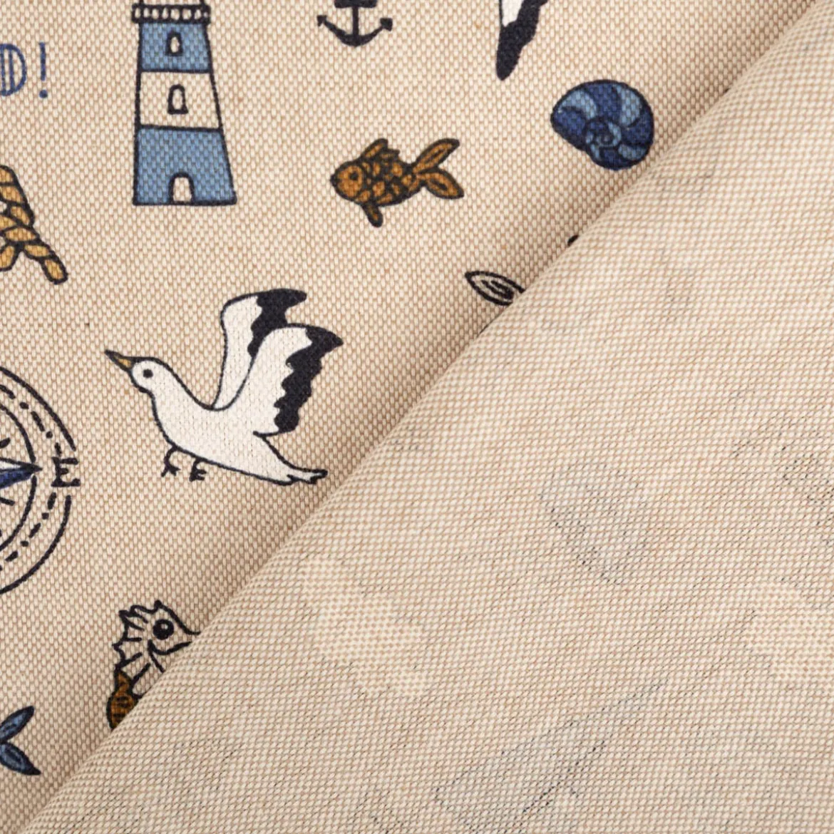 Dekostoff Leinenlook Nautical Doodle natur blau 1,4m Breite