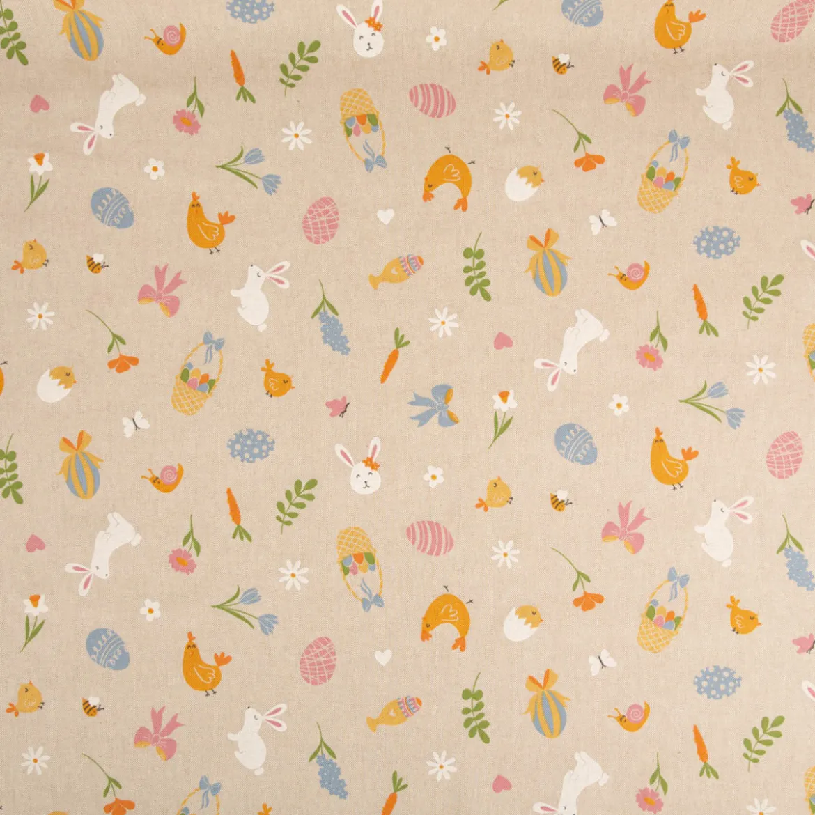 Dekostoff Leinenlook Ostern Easter Doodle Icon natur bunt 1,4m Breite