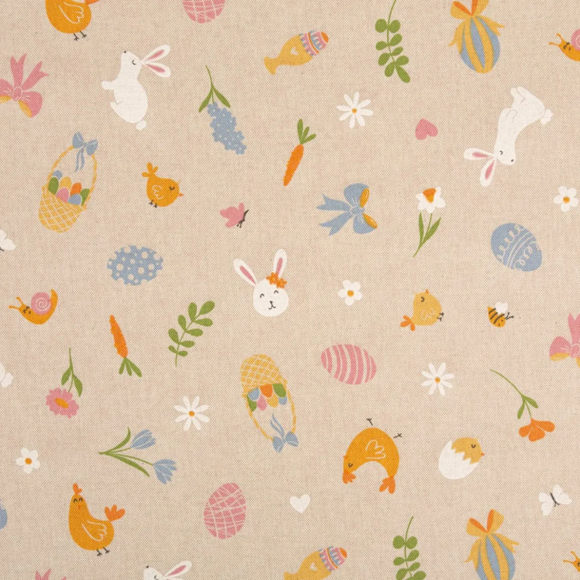Dekostoff Leinenlook Ostern Easter Doodle Icon natur bunt 1,4m Breite
