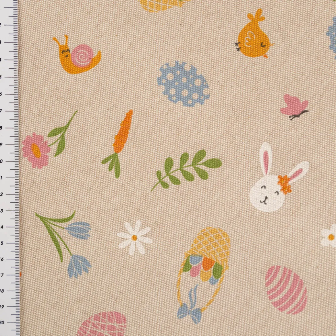 Dekostoff Leinenlook Ostern Easter Doodle Icon natur bunt 1,4m Breite