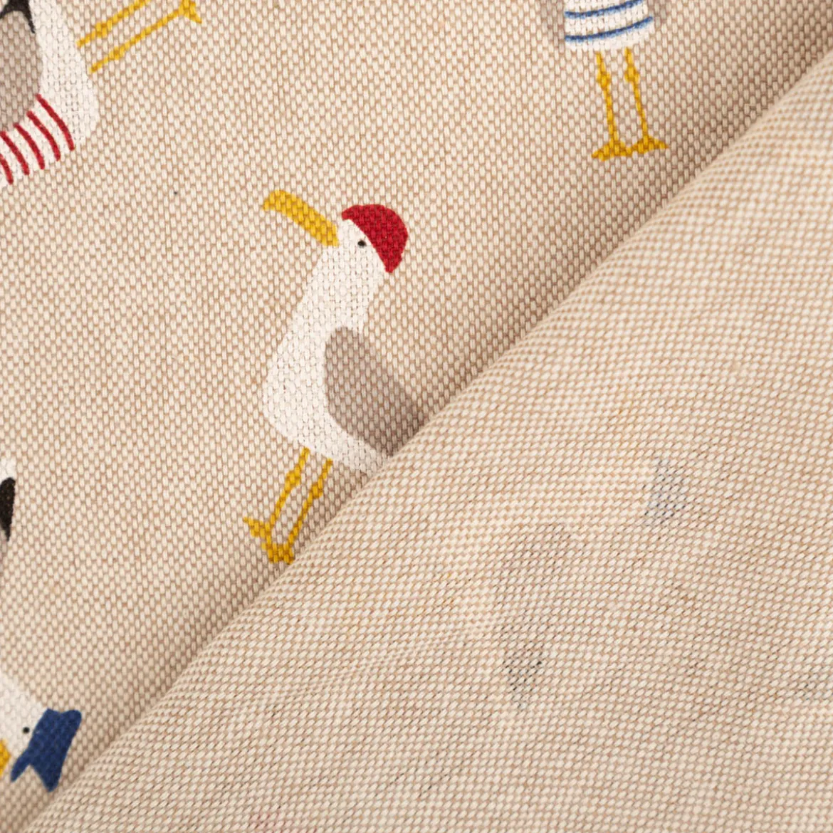Dekostoff Leinenlook Seagull dress up Möwen natur weiß blau rot 1,4m Breite