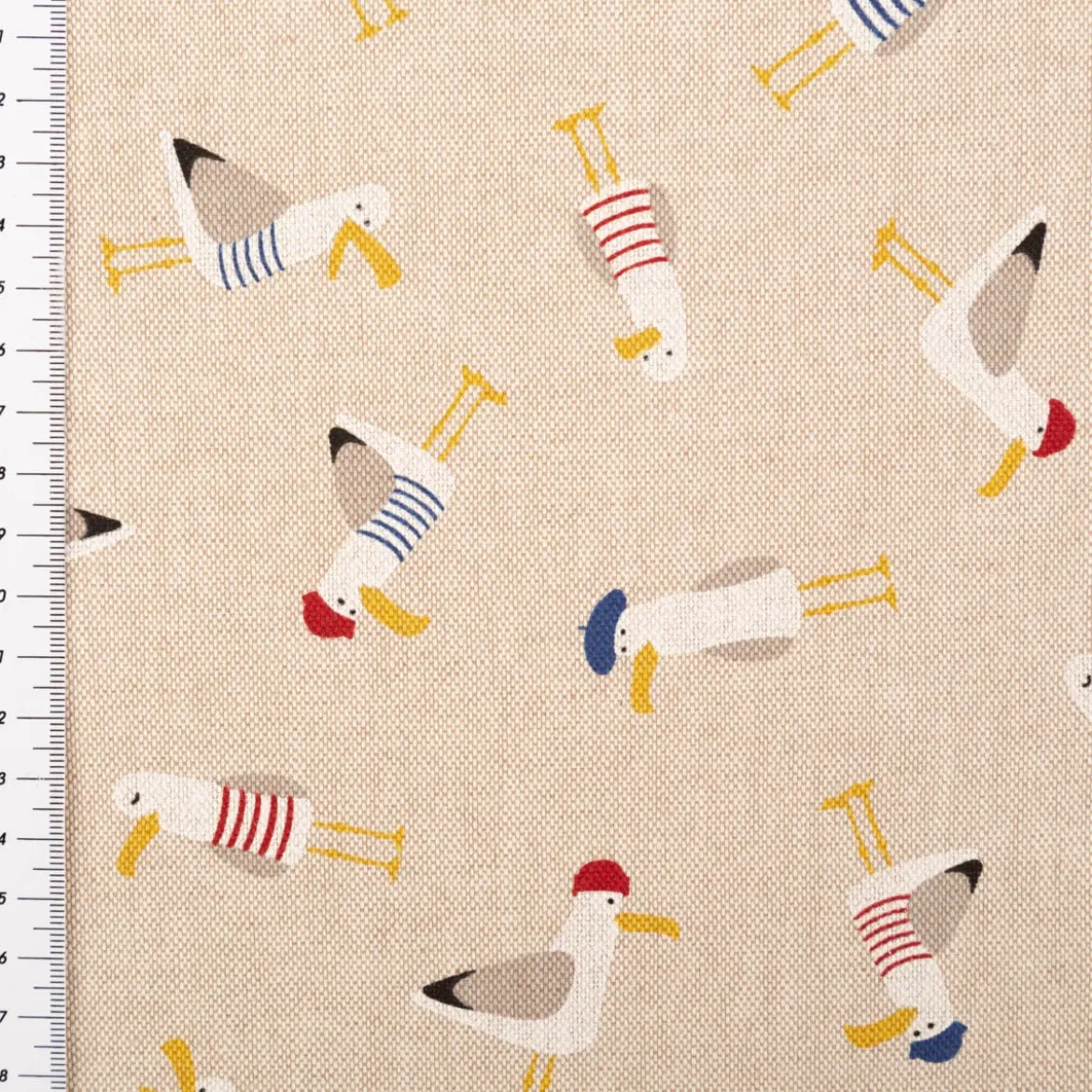 Dekostoff Leinenlook Seagull dress up Möwen natur weiß blau rot 1,4m Breite