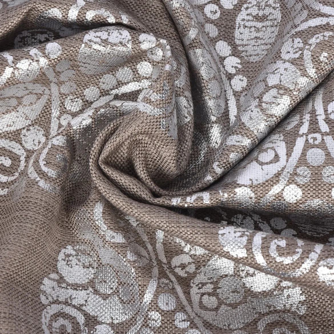 Dekostoff Leinenstruktur Adagio Ornament Metallicprint taupe silberfarbig