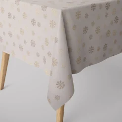 Dekostoff Lurex Wendestoff Weihnachten beidseitig Schneeflocken beige gold 1,6m Breite