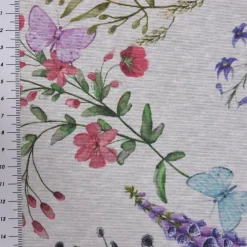 Dekostoff Malva Blumen Schmetterlinge weiß lila rosa blau 1,40m Breite