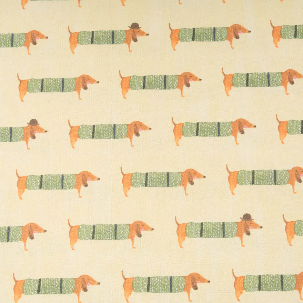 Dekostoff Mr. Dachshund Dackel Halbpanama gelb grün 1,4m Breite