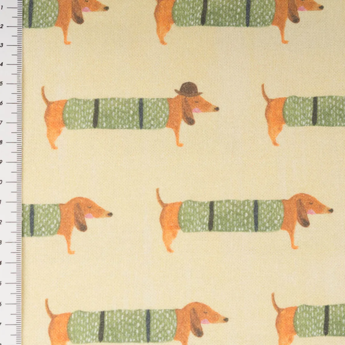 Dekostoff Mr. Dachshund Dackel Halbpanama gelb grün 1,4m Breite