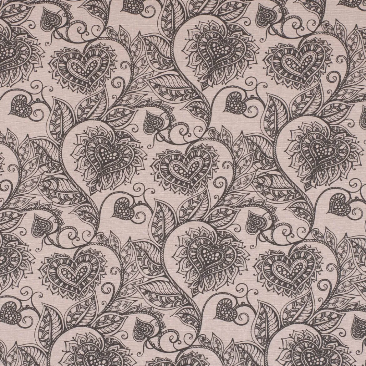 Dekostoff Ottoman Baumwoll-Mischgewebe Clematis Herzen Blätterranken natur schwarz 1,40m Breite