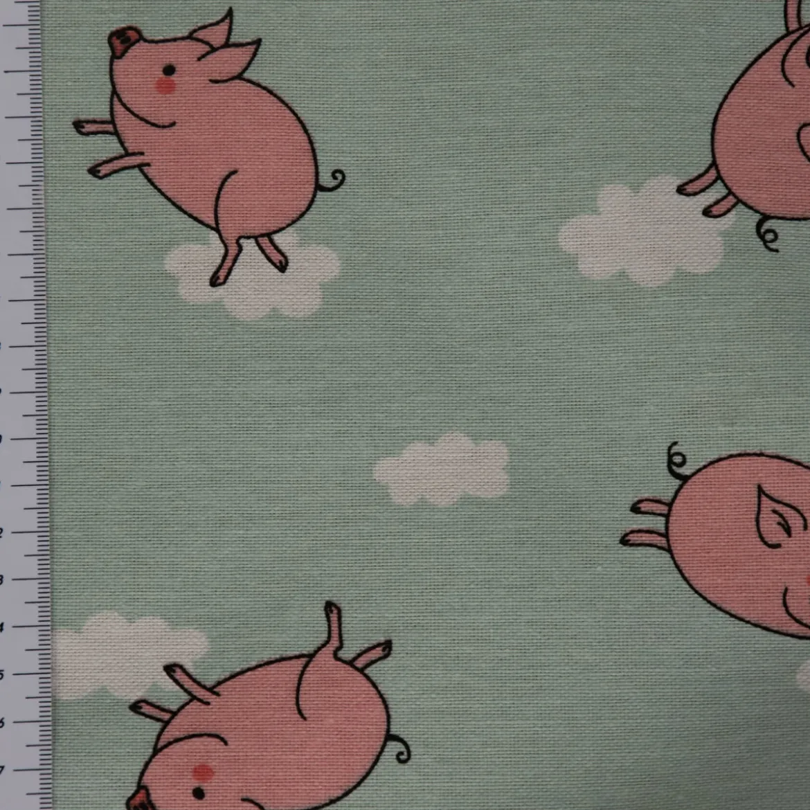Dekostoff Ottoman Canvas Flying Pigs Schweinchen Wolken mint rosa weiß 1,40m Breite
