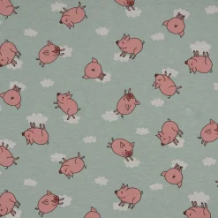 Dekostoff Ottoman Canvas Flying Pigs Schweinchen Wolken mint rosa weiß 1,40m Breite