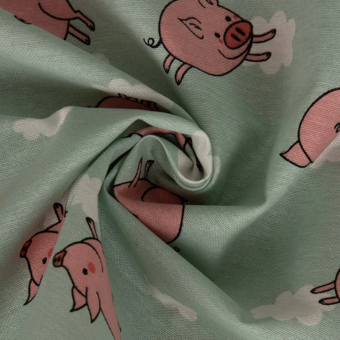 Dekostoff Ottoman Canvas Flying Pigs Schweinchen Wolken mint rosa weiß 1,40m Breite