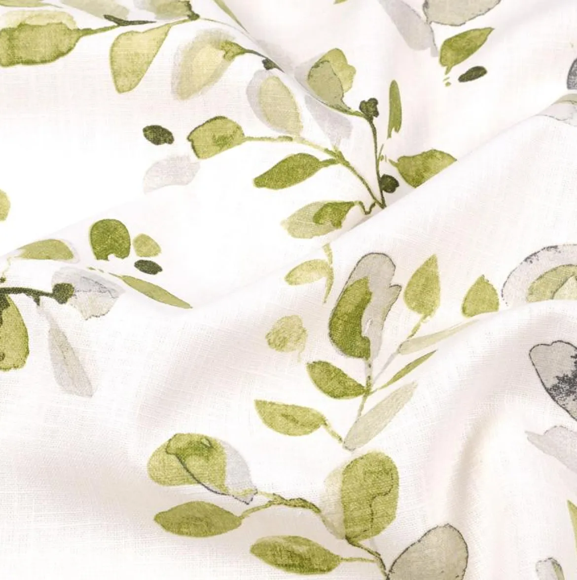 Dekostoff Ramie Leinenoptik Acacia Blätter weiß Aquarell grün 1,50m Breite