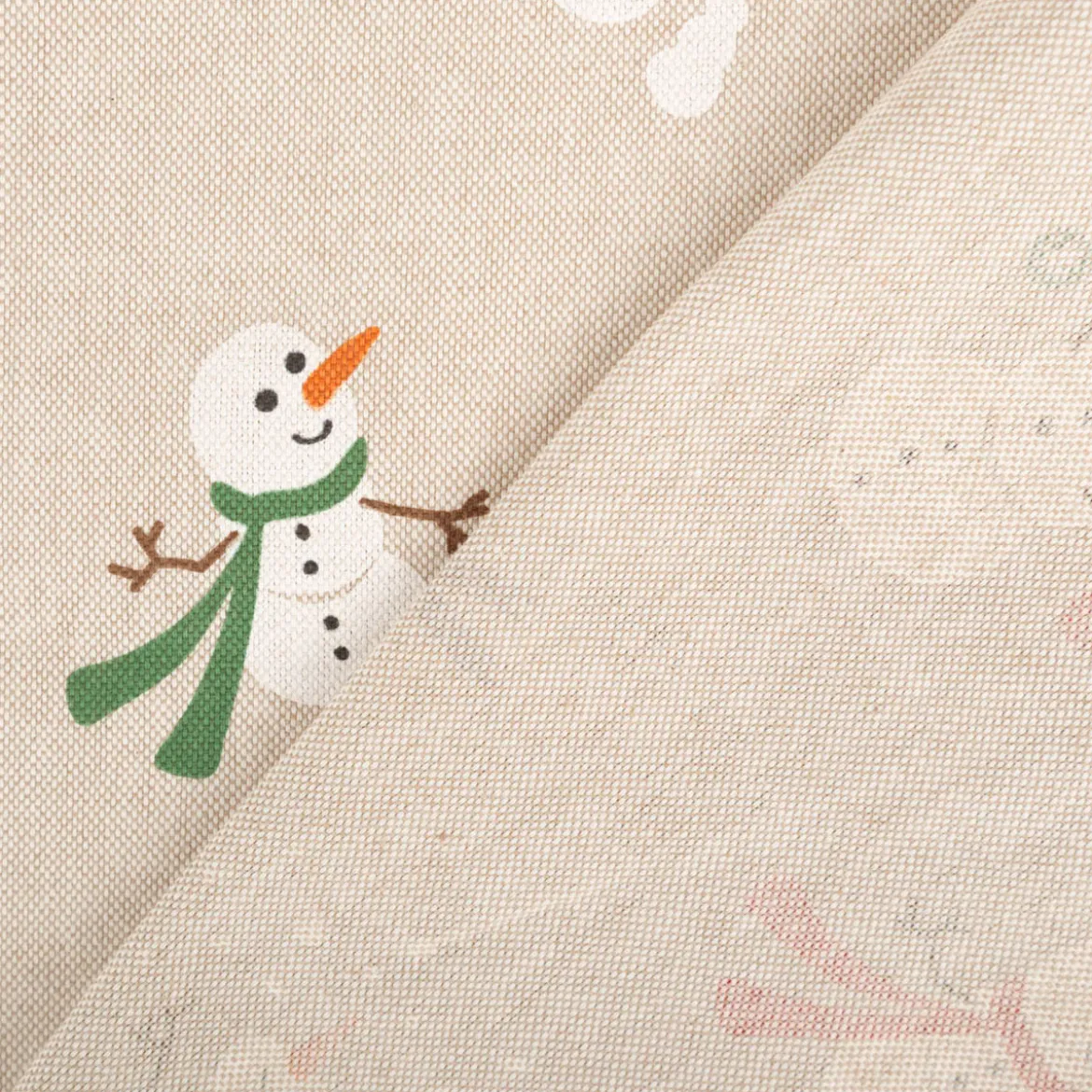 Dekostoff Weihnachtsstoff Leinenlook Xmas Happy Snowman Schneemann natur weiß 1,4m Breite