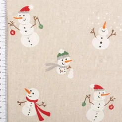 Dekostoff Weihnachtsstoff Leinenlook Xmas Happy Snowman Schneemann natur weiß 1,4m Breite