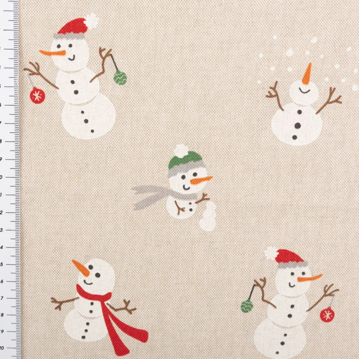 Dekostoff Weihnachtsstoff Leinenlook Xmas Happy Snowman Schneemann natur weiß 1,4m Breite