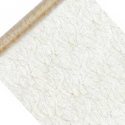 Deko Tischband Organza bedruckt Blätter weiß gold 0,48x9m
