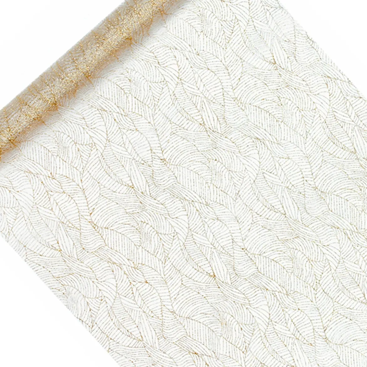 Deko Tischband Organza bedruckt Blätter weiß gold 0,48x9m
