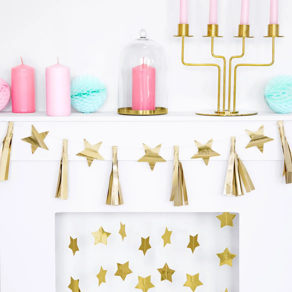 DIY-Girlande mit Quasten und Sternchen goldfarbig 1,3m