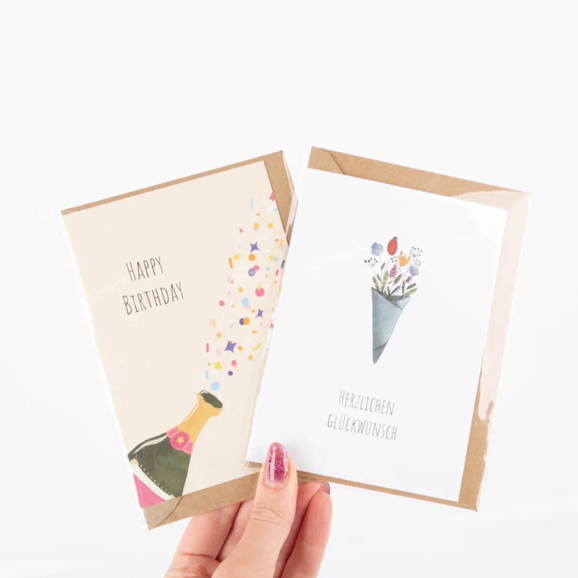 Doppelkarte mit Umschlag Happy Birthday mit Sektflasche und Konfetti A6 von KEITCARDS