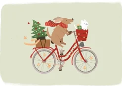 Doppelkarte Weihnachten Hund mit Fahrrad mit Goldveredelung 12x17cm von Grafik Werkstatt