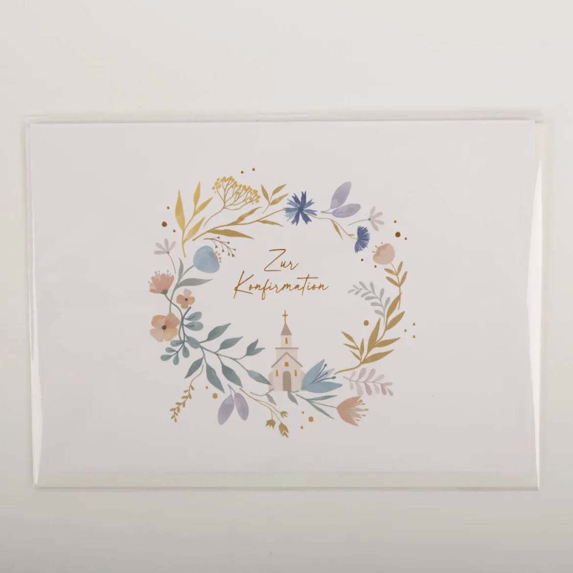 Doppelkarte Zur Konfirmation 12x17cm Kirche Blumenkranz mit Goldveredelung von Grafik Werkstatt