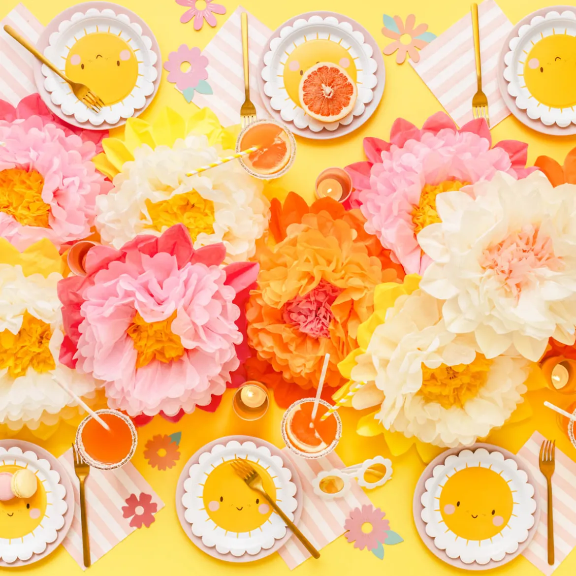 3er Set Blumen aus Seidenpapier pink orange gelb 35cm