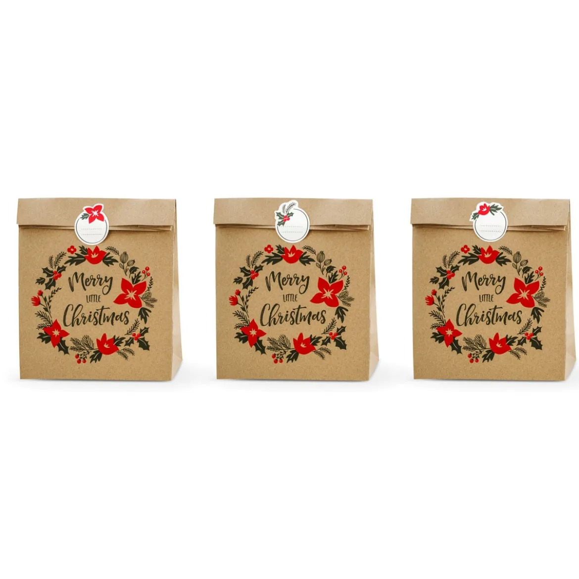 3er Set Geschenktüte Papier Merry Little Christmas 25x11x27cm inkl. Sticker