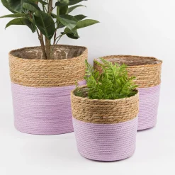 3er Set Korb zweifarbig rund aus Seegras und Papier lila natur verschiedene Größen