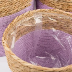 3er Set Korb zweifarbig rund aus Seegras und Papier lila natur verschiedene Größen