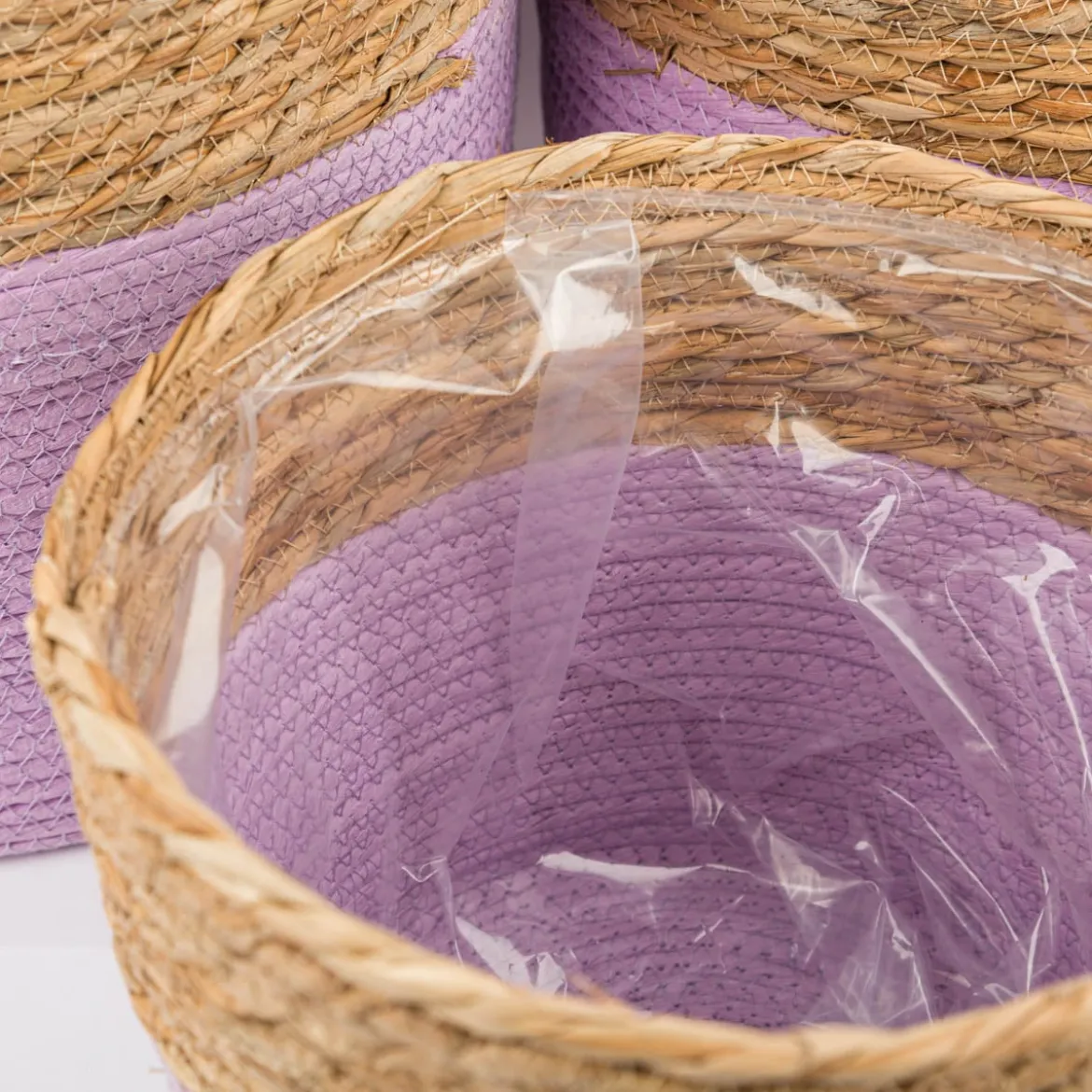 3er Set Korb zweifarbig rund aus Seegras und Papier lila natur verschiedene Größen