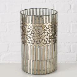 2er Set Windlicht aus Glas Mosaik silber 13,5 und 20cm hoch