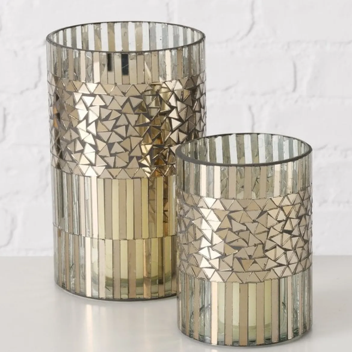 2er Set Windlicht aus Glas Mosaik silber 13,5 und 20cm hoch