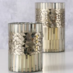 2er Set Windlicht aus Glas Mosaik silber 13,5 und 20cm hoch