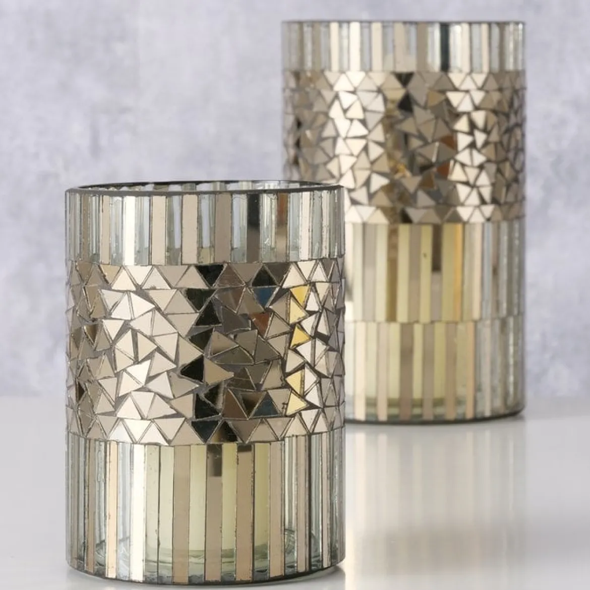 2er Set Windlicht aus Glas Mosaik silber 13,5 und 20cm hoch