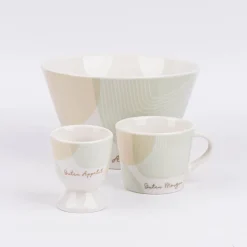 Espresso Tasse aus Porzellan Guten Morgen grafisch pastell weiß mint beige gold 50ml von der Schreibkram Manufaktur