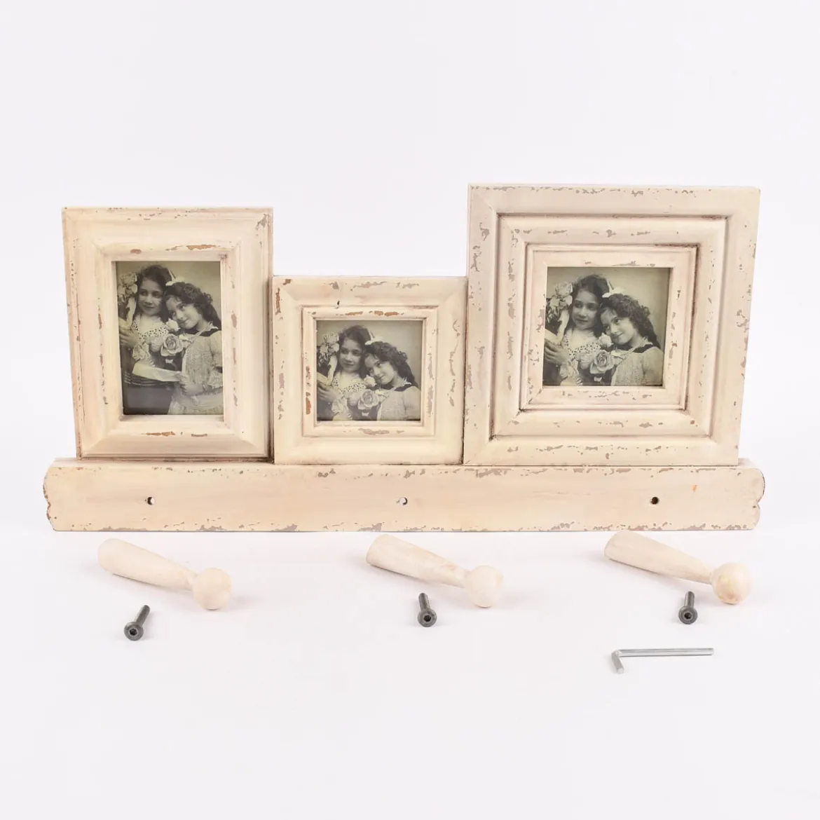3fach Bilderrahmen mit Hakenleiste Holz Vintage weiß 52,5x25x2cm