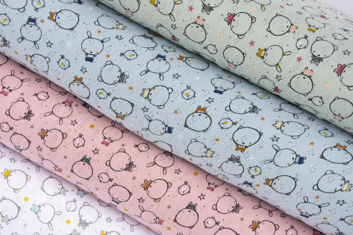 Feinstrick Jersey Baumwolle Pointoille Lochmuster Bär Hase Vogel rosa bunt 1,4m Breite