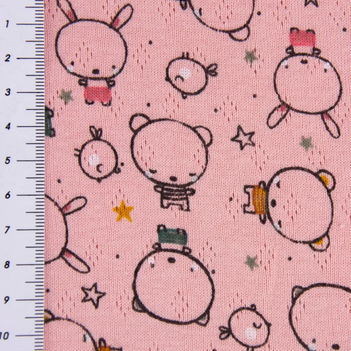 Feinstrick Jersey Baumwolle Pointoille Lochmuster Bär Hase Vogel rosa bunt 1,4m Breite