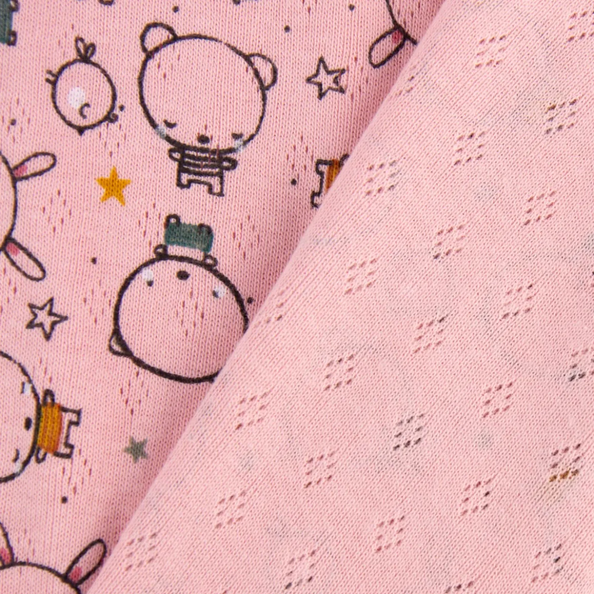 Feinstrick Jersey Baumwolle Pointoille Lochmuster Bär Hase Vogel rosa bunt 1,4m Breite