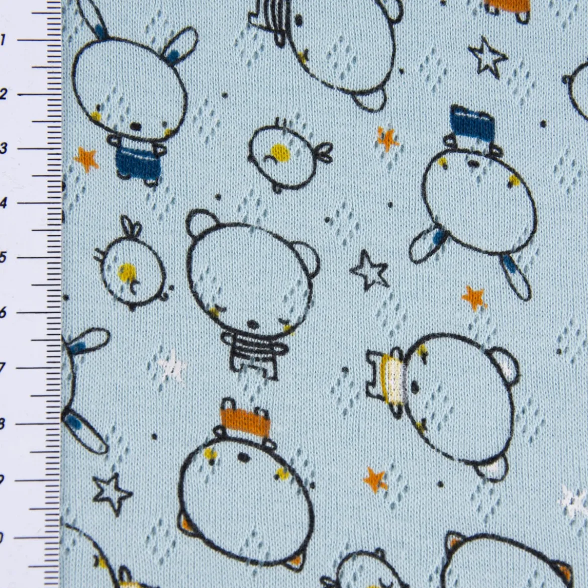 Feinstrick Jersey Baumwolle Pointoille Lochmuster Bär Hase Vogel blau bunt 1,4m Breite
