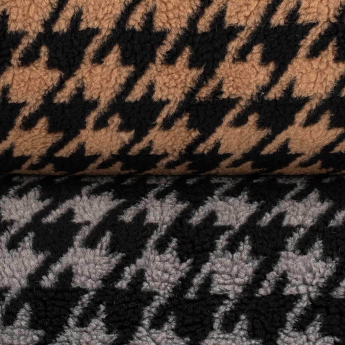 Fellimitat Kunstfell Teddyplüsch Hahnentritt camel schwarz 1,45m Breite