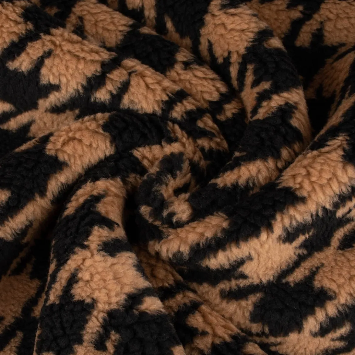 Fellimitat Kunstfell Teddyplüsch Hahnentritt camel schwarz 1,45m Breite