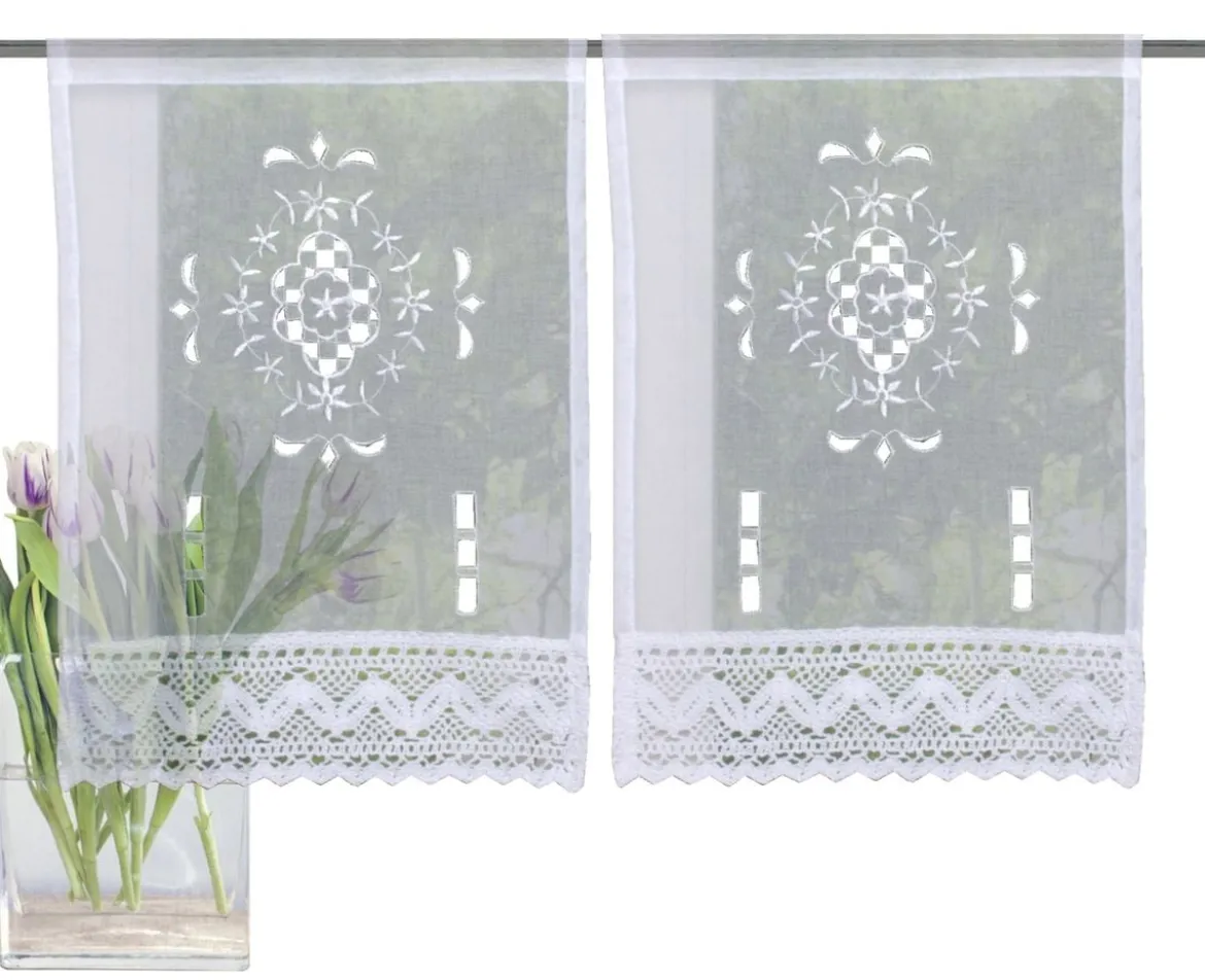 Fensterbehang Scheibengardine Fertiggardine 2er Pack Leinenstruktur Makramee weiß 30x45cm