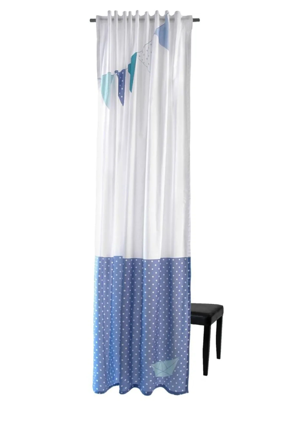 Fertiggardine Fertigschal Flags mit verdeckten Schlaufen Fähnchen und Schiffchen weiß blau 140x245cm