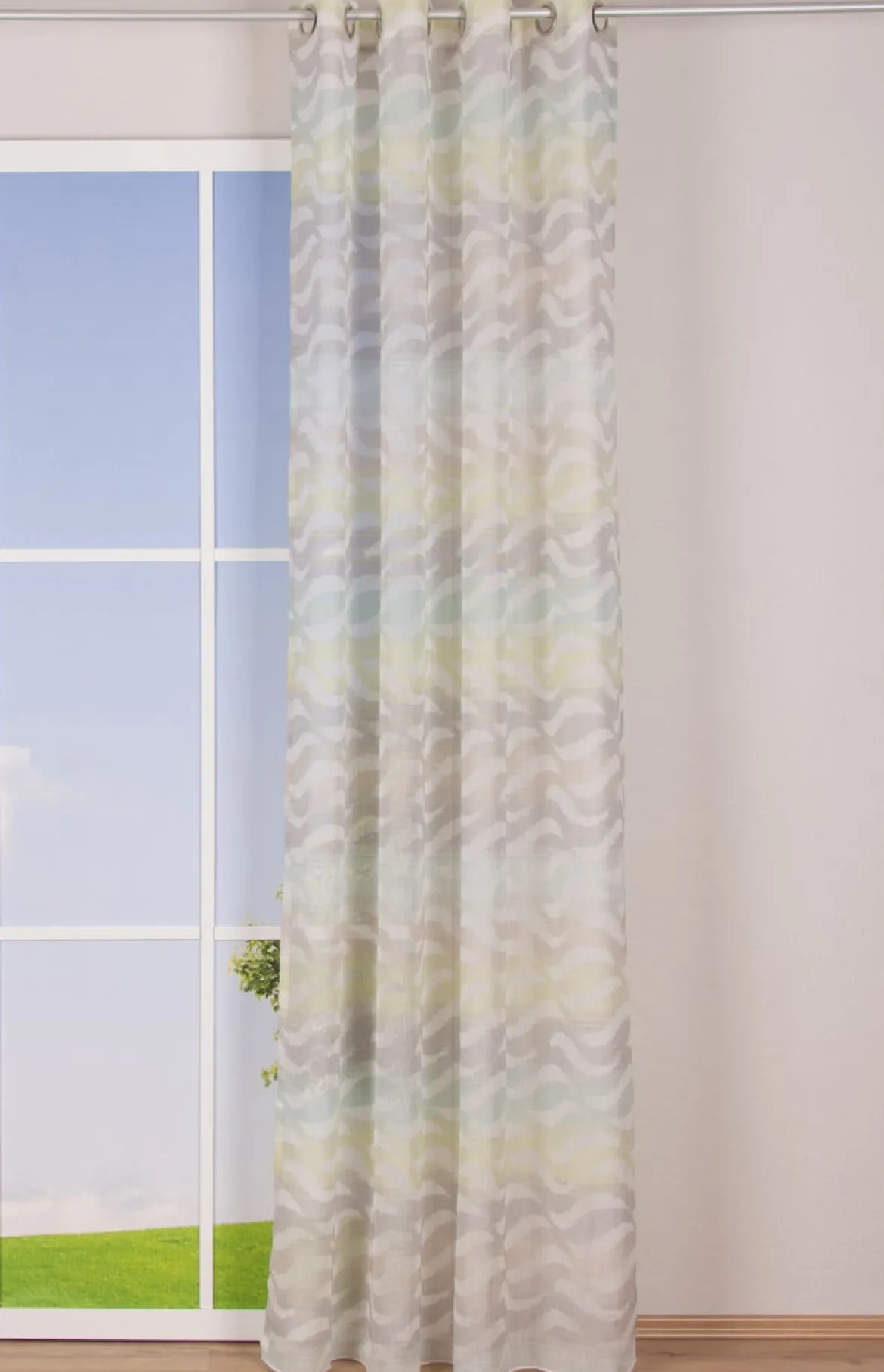 Fertiggardine Ösengardine Leinenoptik mit farbigem Wellenmuster weiß grün grau 140x245cm
