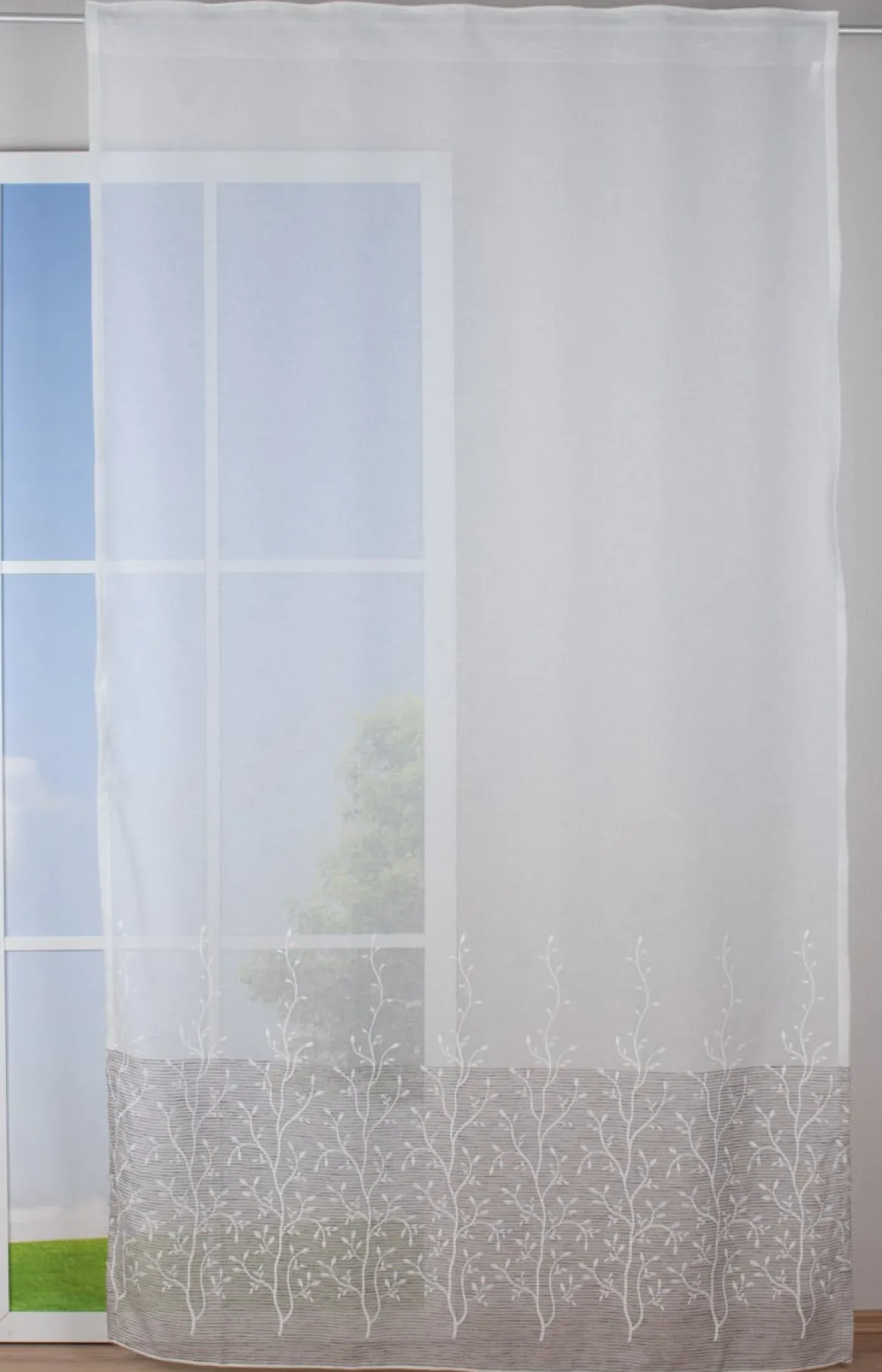 Fertigschal mit Schlaufenband Blumenranken Streifenabschluss weiß grau beige 140x245cm