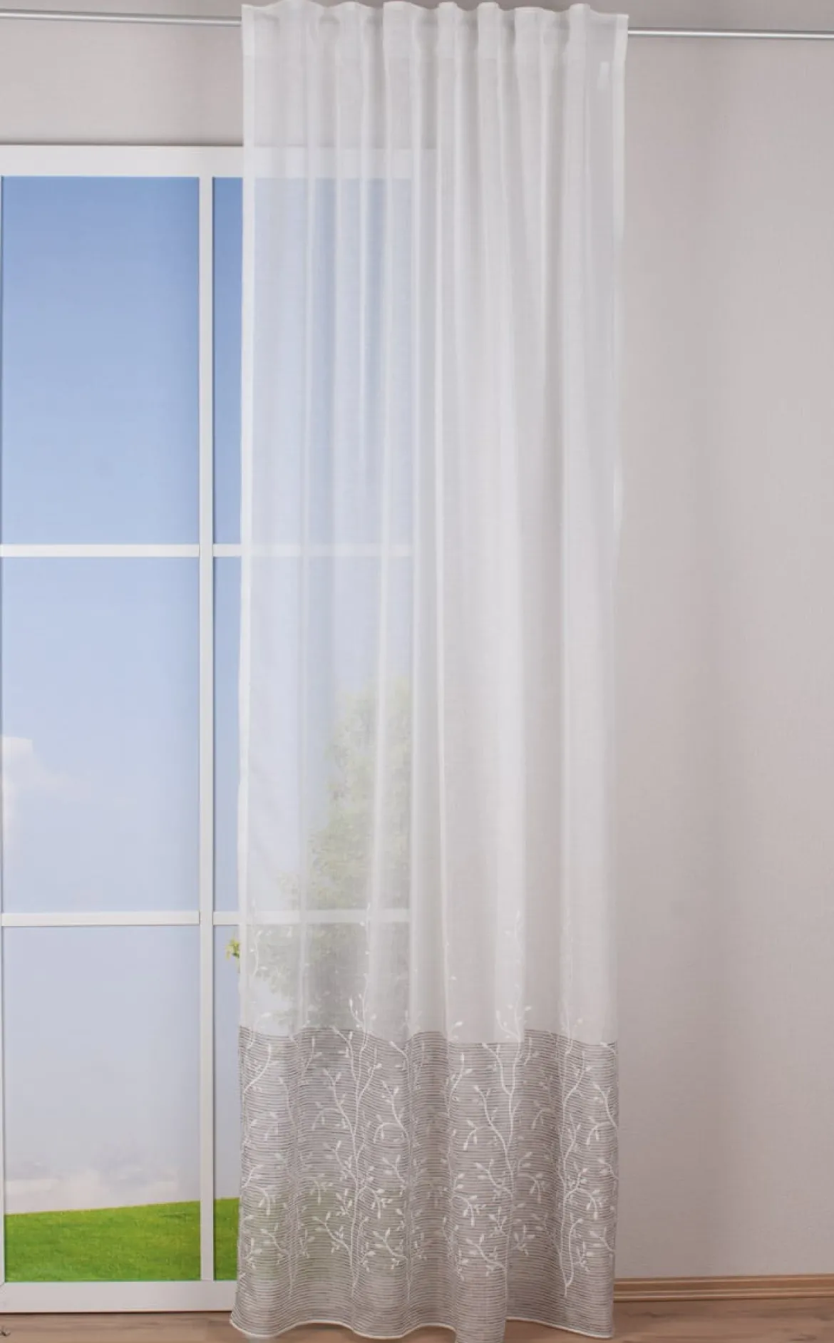 Fertigschal mit Schlaufenband Blumenranken Streifenabschluss weiß grau beige 140x245cm