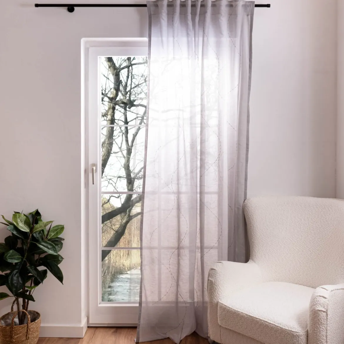 Fertigschal mit Schlaufenband Applikation Wellenlinien mit Leinenanteil grau creme 140x245cm